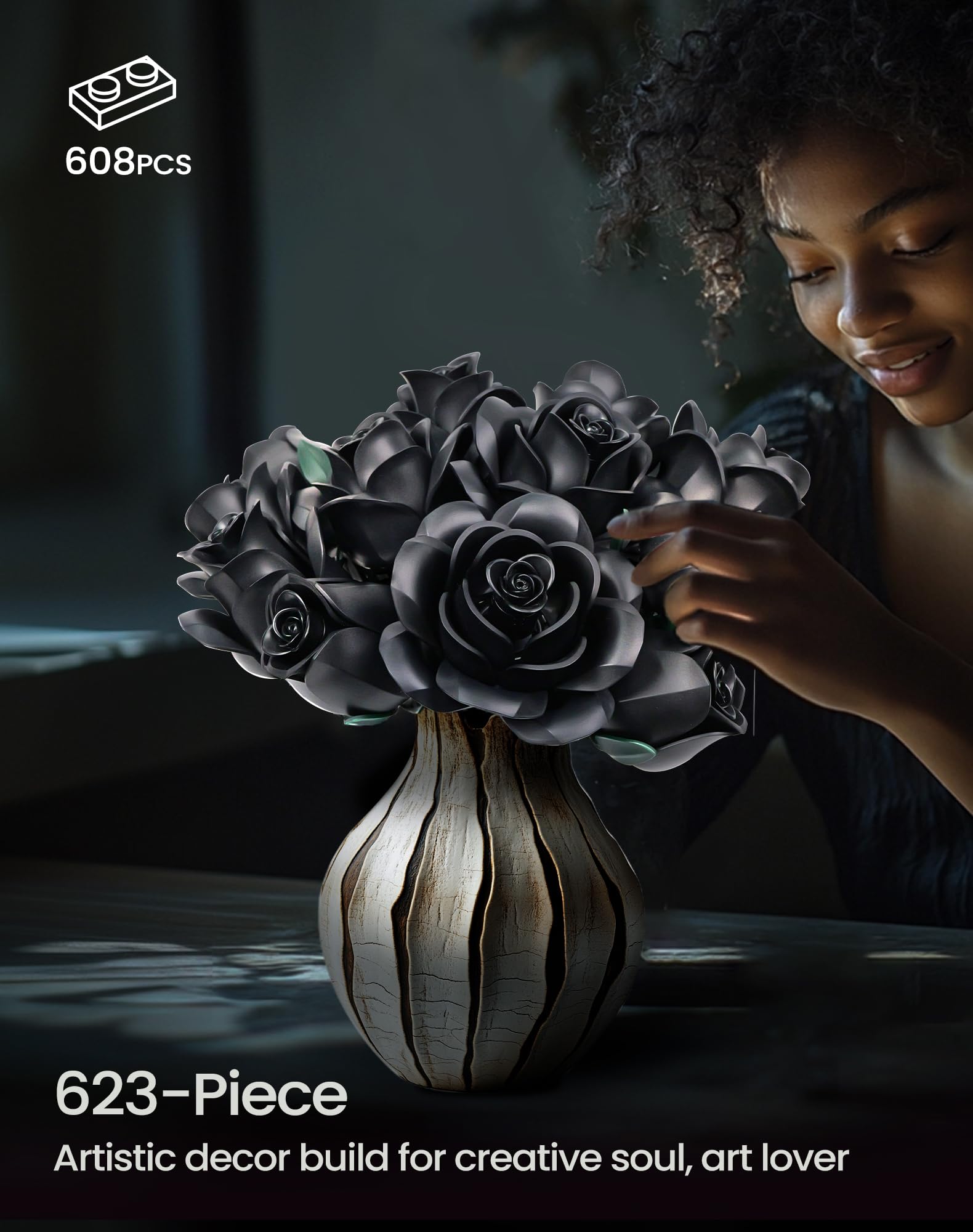 Black Roses Bouquet Building Set, Artificial Flowers Botanical Collection Blocks Kit Compatible with Lego for Adults, Gothic Home Decor IA11001 (608PCS)