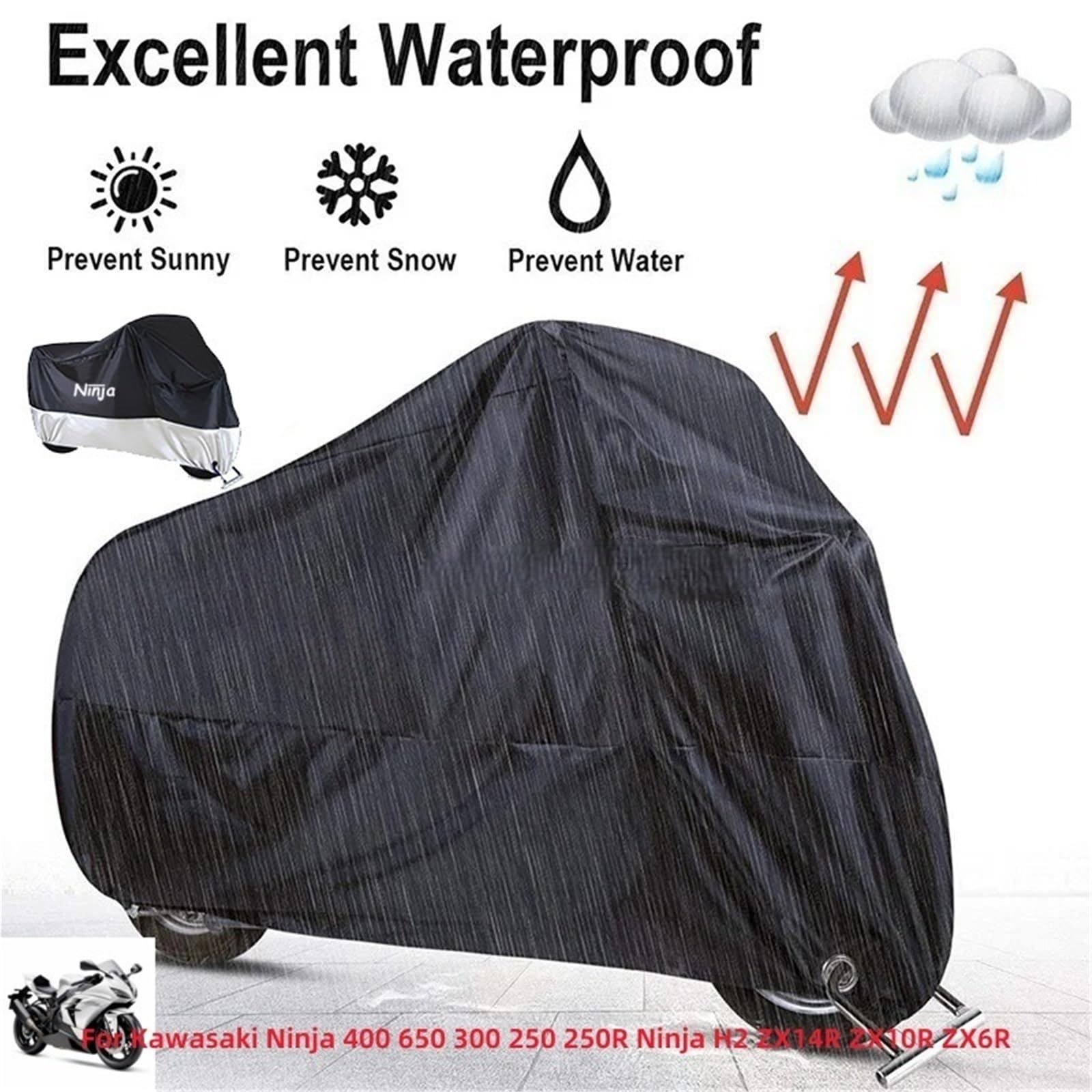For Ninja 400 650 300 250 250R Ninja H2 ZX14R ZX10R ZX6R Motorcycle Cover Outdoor Uv Protector Dust-proof Rain Covers(Black,4XL for 250cm)