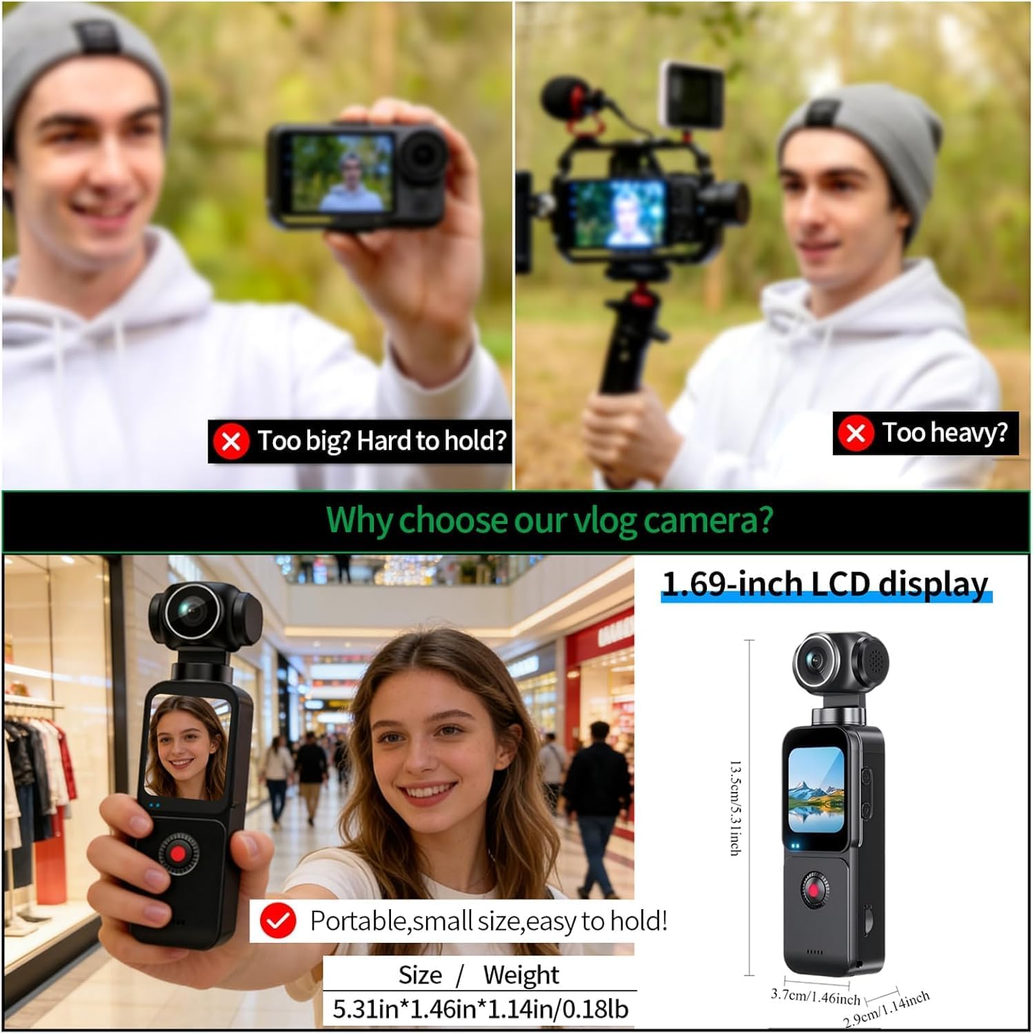 5K HD Pocket Handheld Camcorder,5K Video & 16MP Photo Vlogging Camera,Automatic rotation 270° Rotation Wide Angle,with WiFi face recognition,Touchscreen and autofocus for Travel and vlog (16GB)