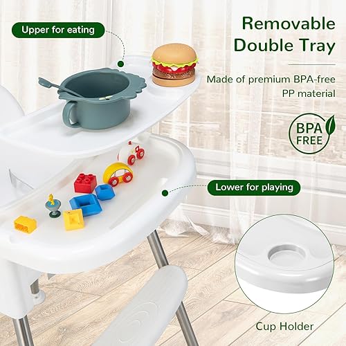 Miniatura 3 de HONEY JOY Silla alta para bebé, silla alta convertible 4 en 1 para bebés y niños pequeños, patas ajustables, bandeja extraíble doble y reposapiés,