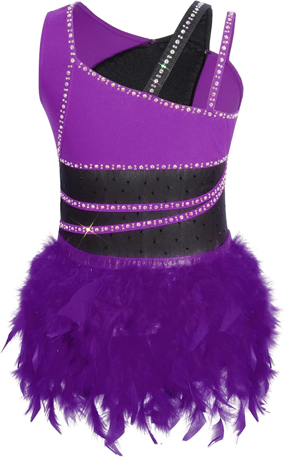 Kids Girls Sleeveless Feather Bodysuit Rhinestone Color Block Latin Jazz Ballet Dance Skirted Leotard