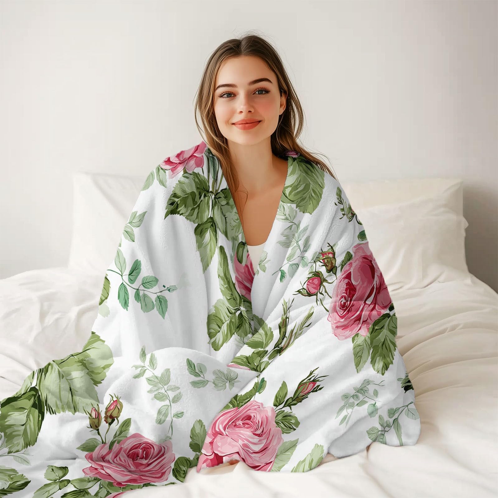 Decke Flanell 200 x 220 cm Geschenke für Frauen und Männer - Vintage Pflanzen Rosen Blumen Witzige Geschenke für Freunde zu Weihnachten und Geburtstag, Rosa