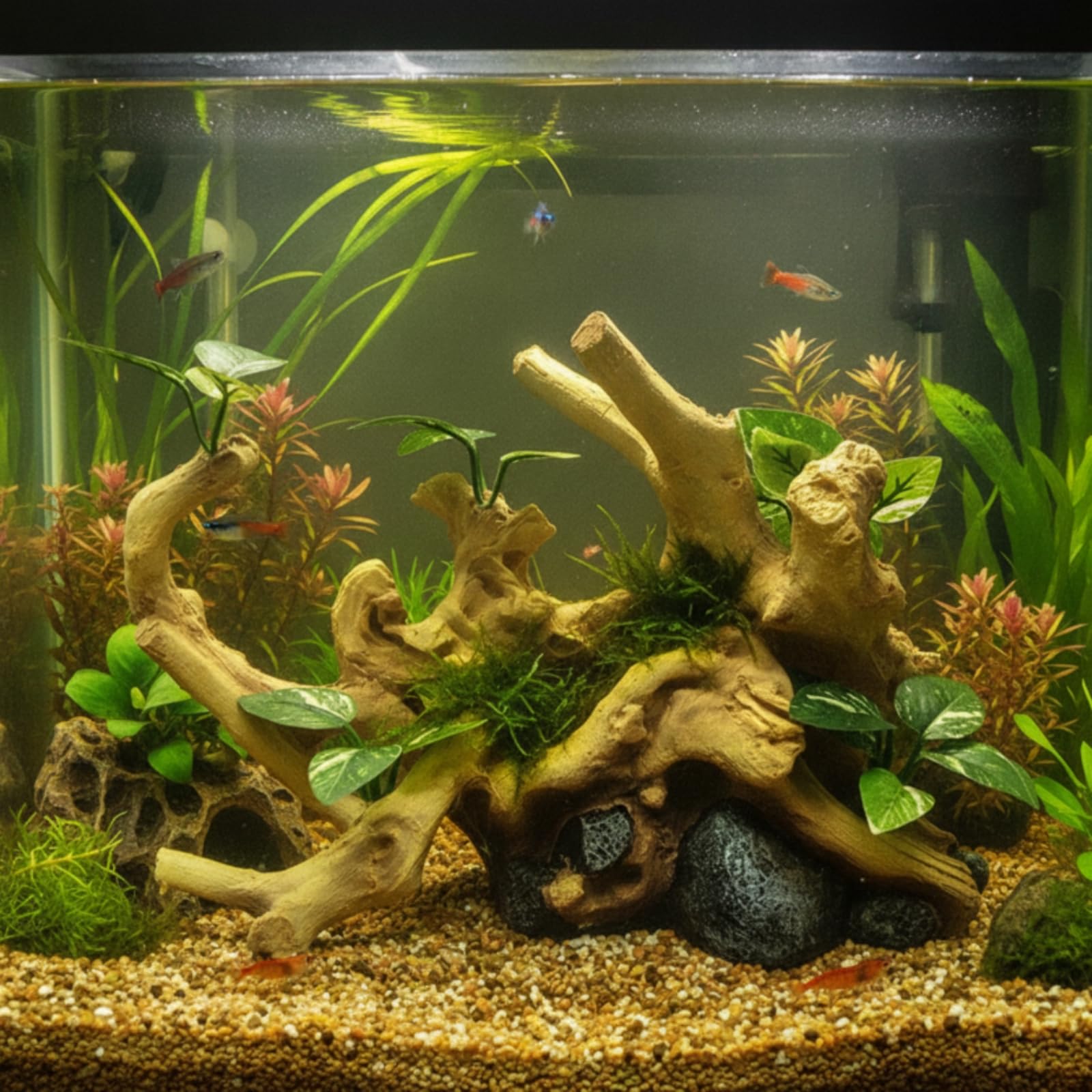Aquarium- mit Kunstpflanzen naturgetreu Kunstmaterial-Wurzel mit Blättern strukturiert Wurzel für Aquarianer, Süßwasseraquarium