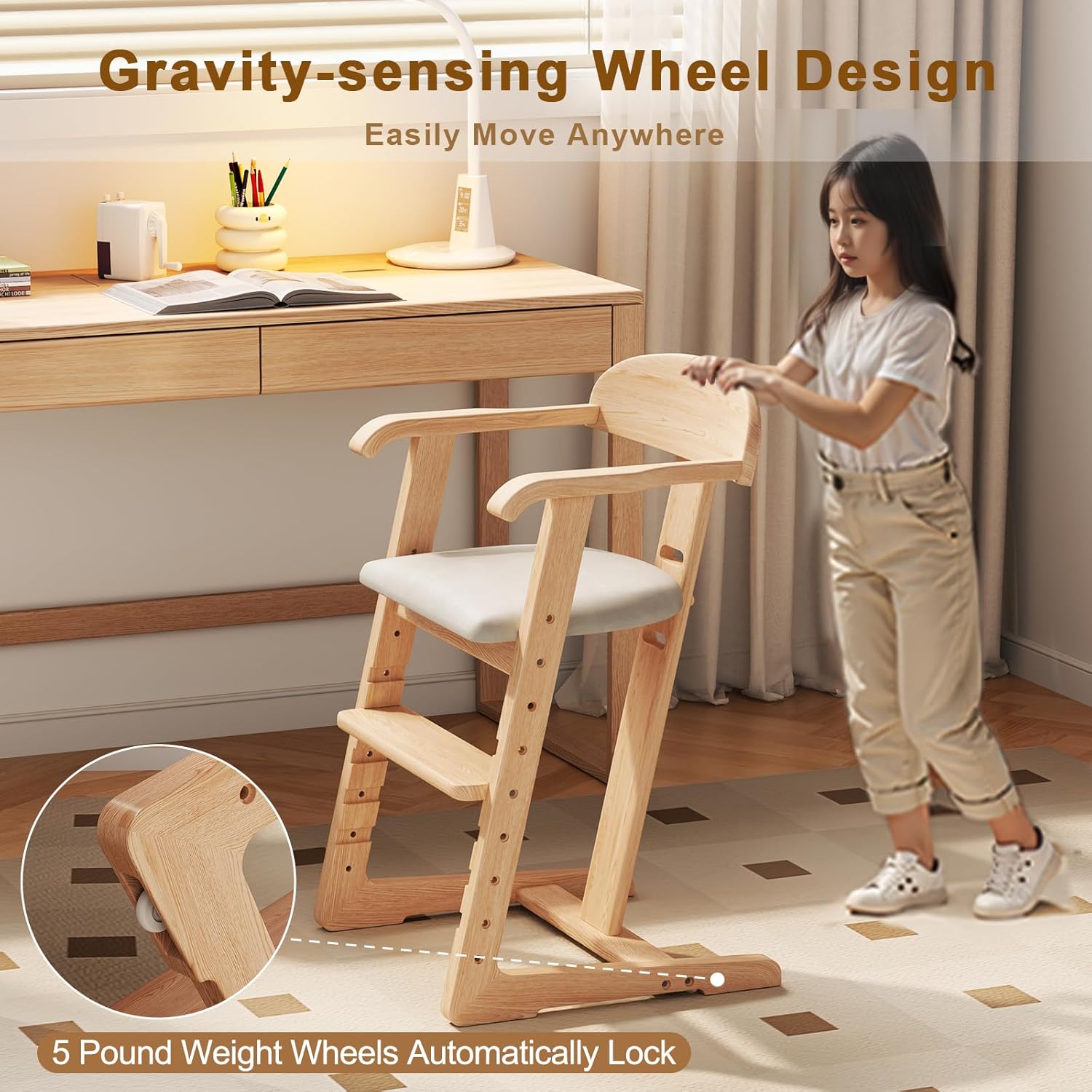 DOMGMUWUJEE Solid Wood Toddler Dining Chair - Adjustable Height Easy to Clean Toddler high Chair - Kids high Chair from 3 Years to 200 Lb, Grow with Child (Natural Grey)