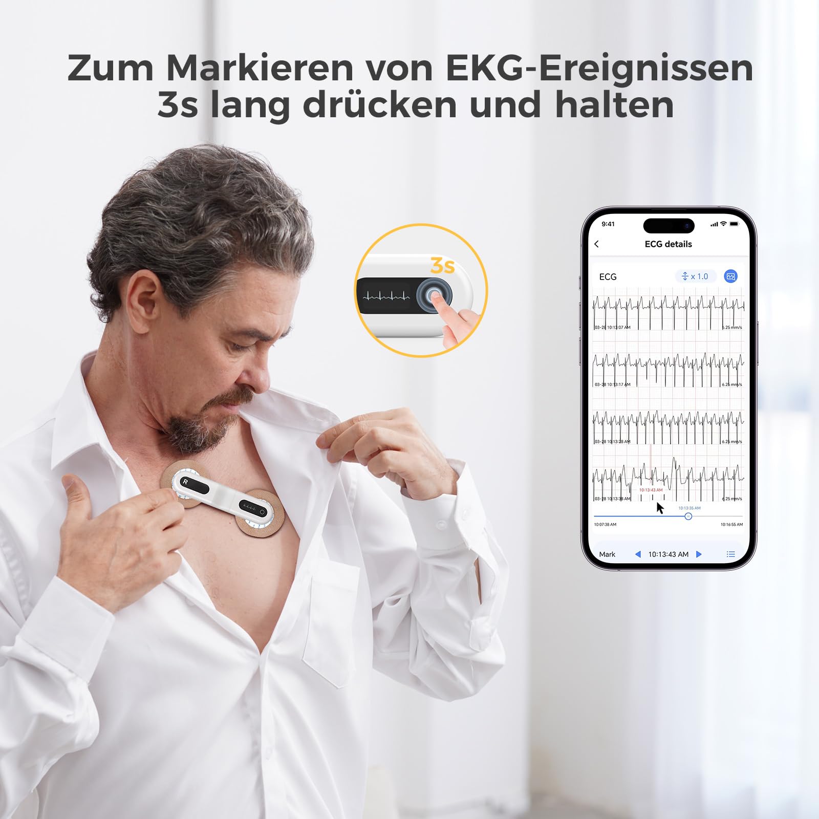 CheckMe ER1-LW 72 Stunden Langzeit-EKG Gerät mit AI-Analyse | EKG Gerät für Zuhause, EKG-Ereignismarker-Funktion, App & PC-Software, Kompatibel mit Allgemeine Elektrodenpads