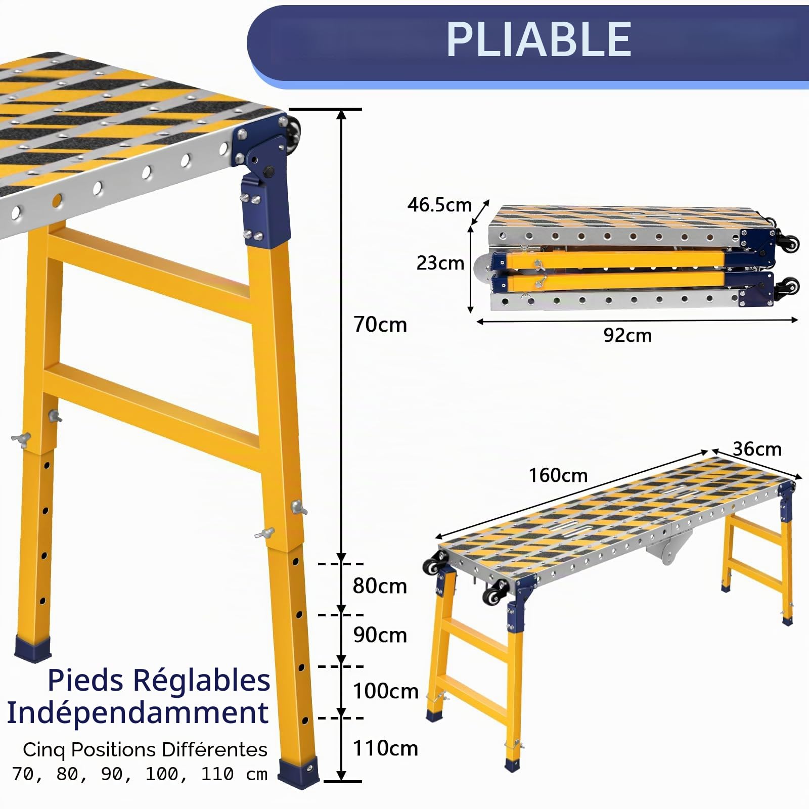 Plateforme de travail stable 2 en 1 + table de soudage mobile avec bandes adhésives antidérapantes - 160 x 36 cm - Plateforme de travail pliable - Établi galvanisé avec hauteur réglable - Charge