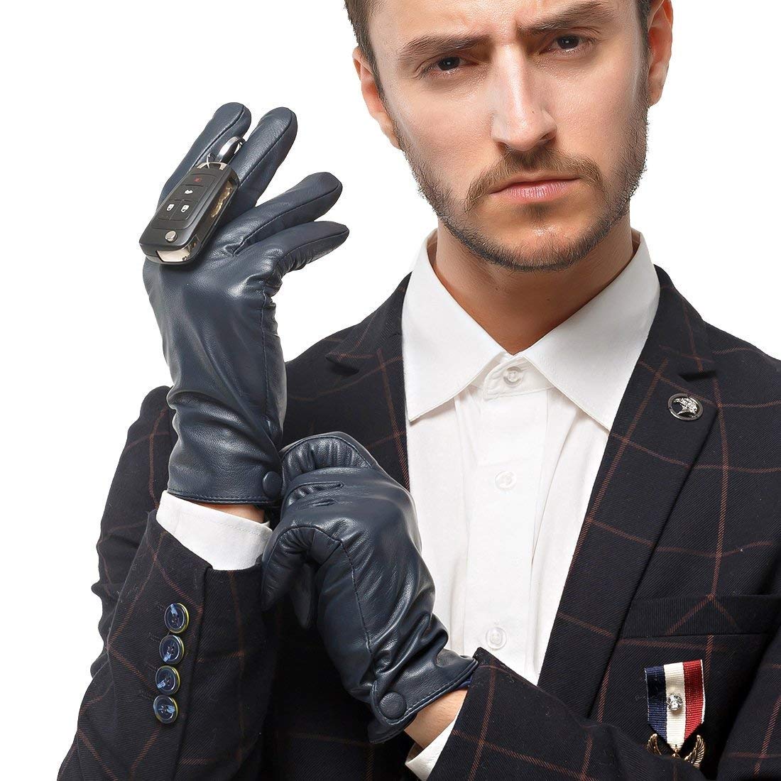 Unisex-Adult Mittens Męskie Klasyczne Skórzane Rękawiczki Touch Pure Lining Screen Nowoczesne Casual Zimowe Ciepłe Rękawiczki/Kblue(1)/S-Palm-20.3