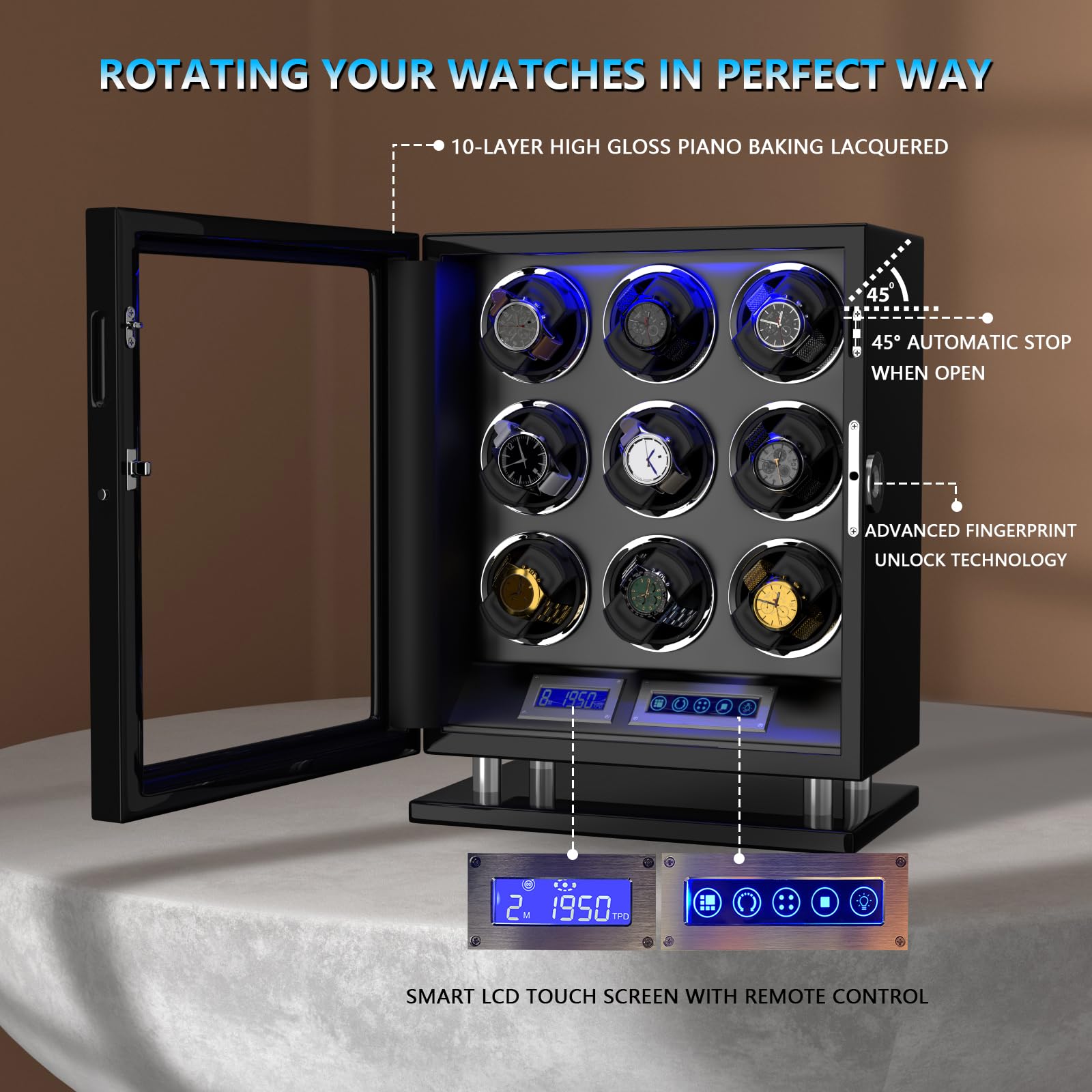 DUKWIN Fingerprint Lock Watch Winder 9 Automatic Winding Spaces with Smart LCD Touch Screen,Blue LED Light, Quiet Motor, and Adjustable Watch Pillows for Gentles and Ladies