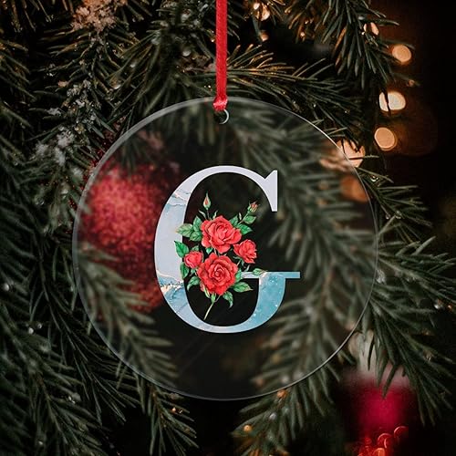 Adorno de Navidad de acrílico transparente con diseño de flores rojas con iniciales de mármol letra G para árbol de niños adornos redondos de