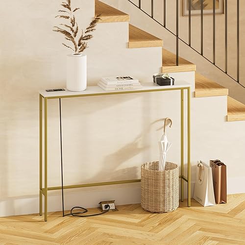 Miniatura 2 de Paquete de 2 mesas consola de 5.9 pulgadas con toma de corriente, moderna mesa de sofá estrecha detrás del sofá, mesa de entrada delgada con marco