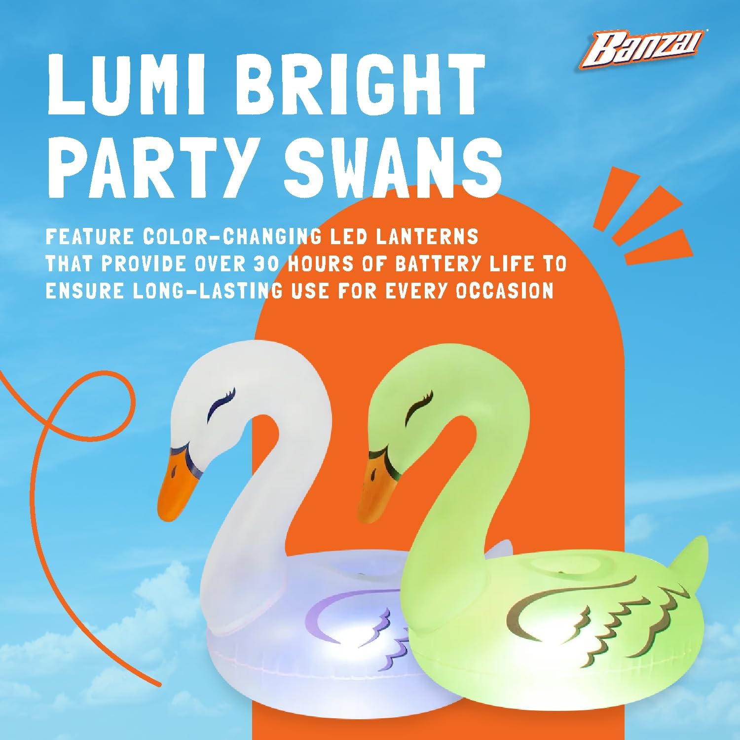 Banzai Lumi Bright Party Swans Floating Pool Lanterns, Outdoor Inflatable Swan LED-Light Float Set, Pack of 2