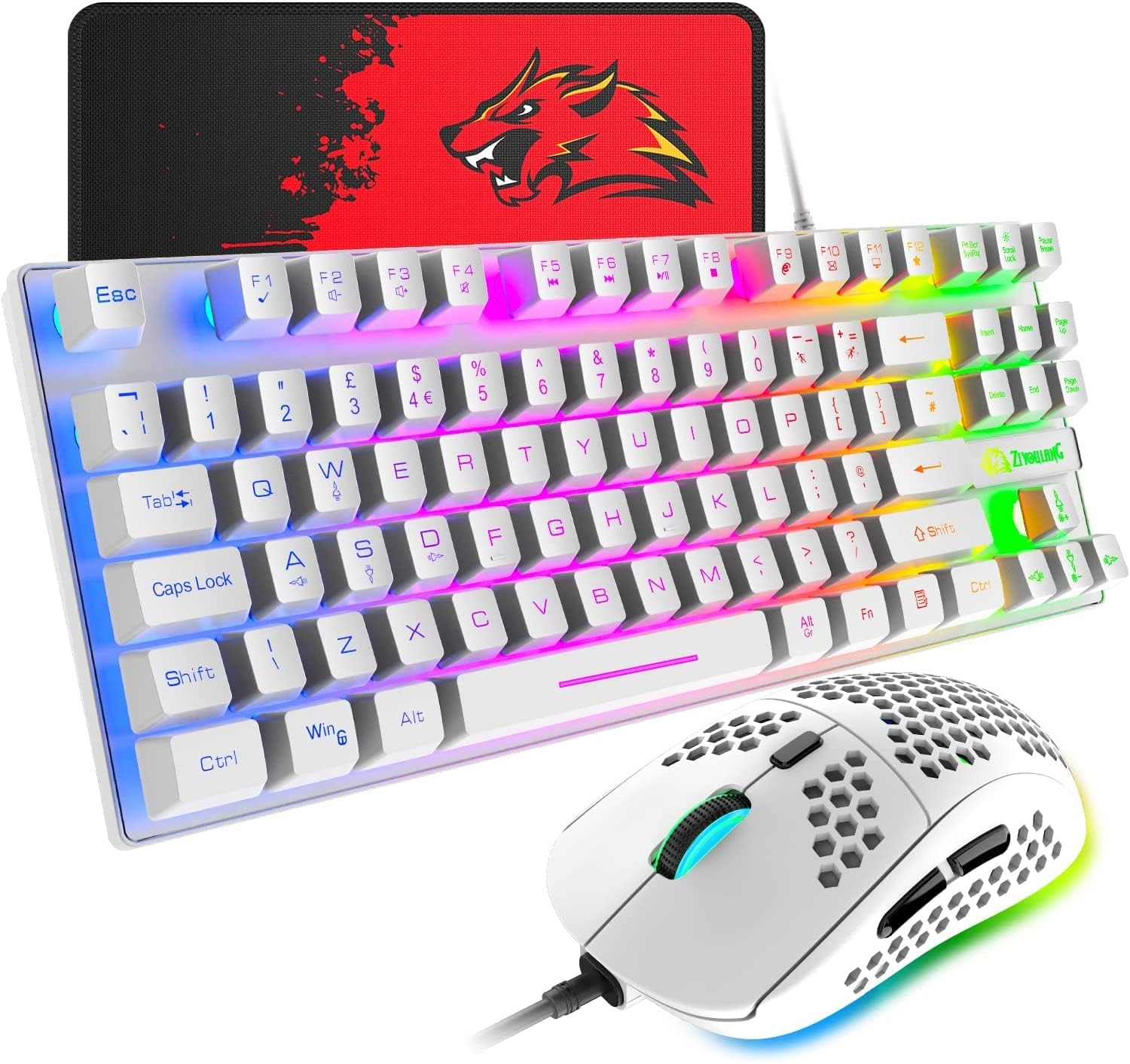 Gaming Keyboard and Mouse Combo,88 Keys Compact Rainbow Backlit Mechanical Feel Keyboard,RGB Backlit 6400 DPI Lightweight Gaming Mouse with Honeycomb Shell for Windows PC Gamers (White)