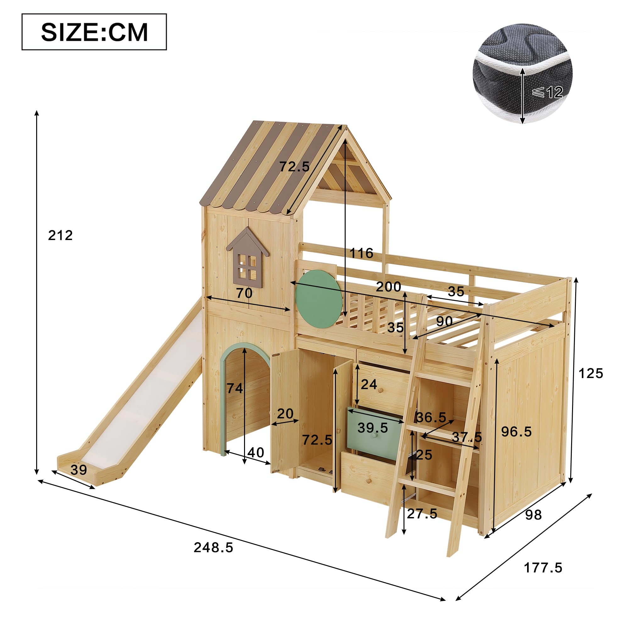Su & Chan Legence Hochbett 90x200 cm mit Rutsche für Kinder, Hausbett mit dreistufiger Treppe, Kleiderschrank und Schubladen, aus Kiefernholz, in Grün und Naturholz