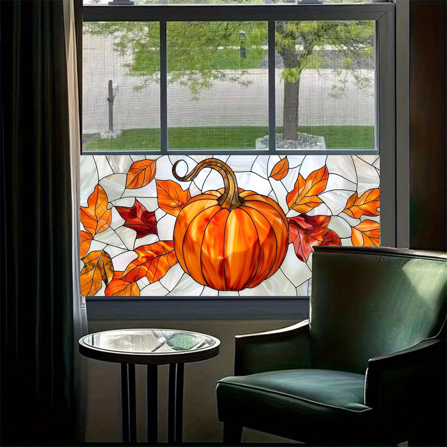 Condition photo showing New/Like New for Pumpkin Fall Leaves Stained Glass Window Film 39.37x17.72 Inches Static Cling Privacy Film Decorative Autumn Window Cling Anti UV Non Adhesive Seasonal Glass Decals for Home Decor Colorful