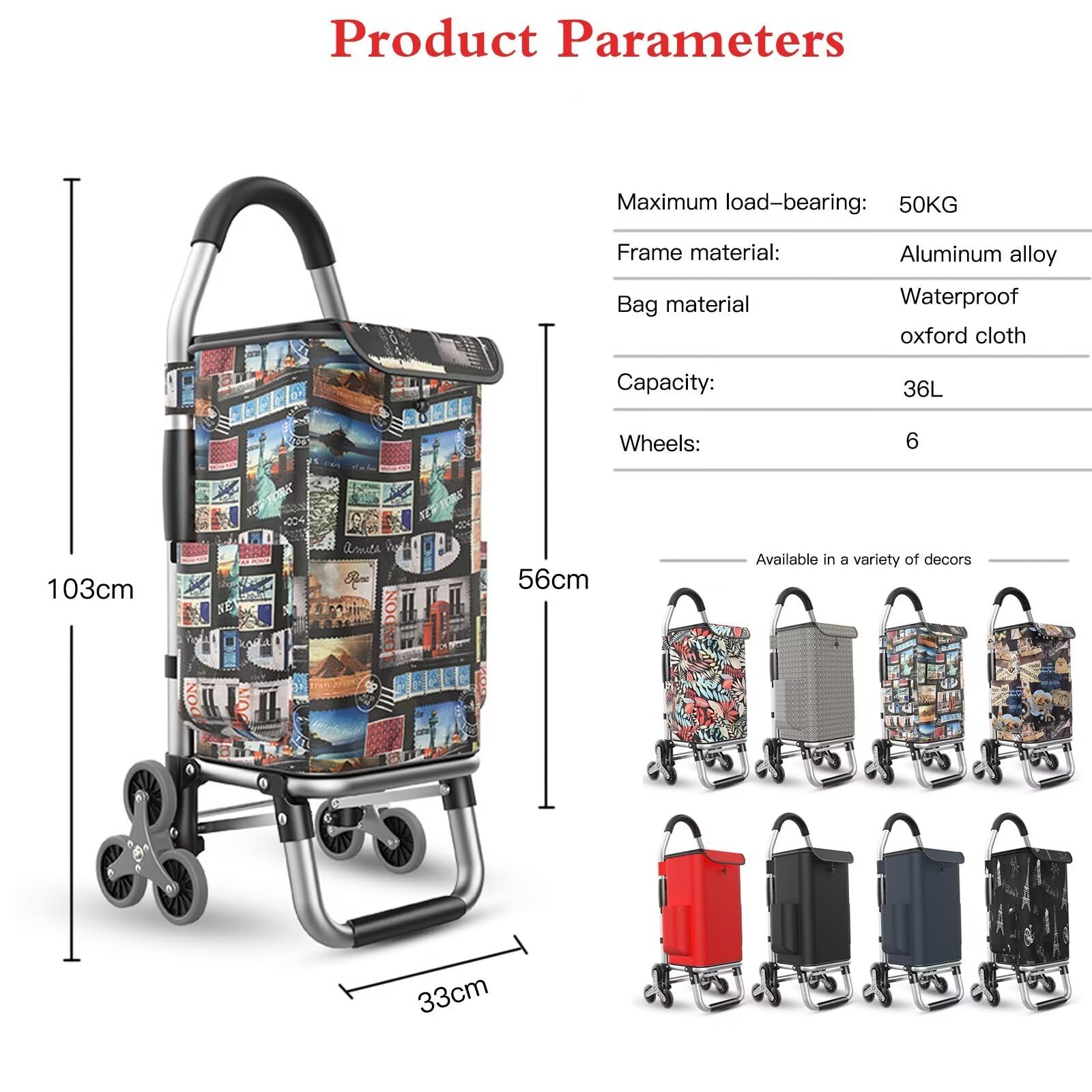 Carrello per salire le scale con borsa Oxford da 36 litri, design resistente a 6 ruote per generi alimentari e commissioni