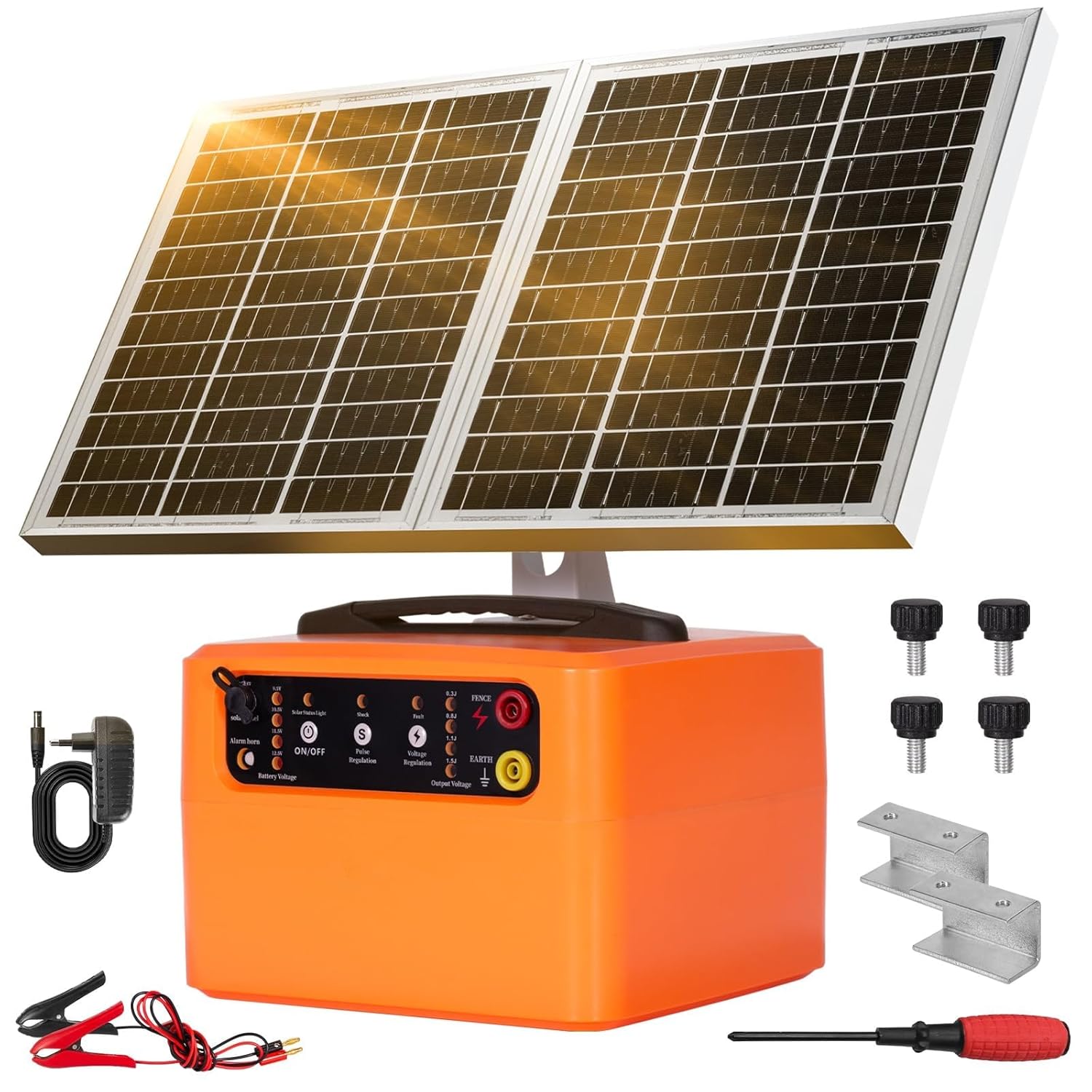 30 Miles/48km Solar Electric Fence Charger,15W Solar Powered Fencer with Adjustable 6KV to 12KV Output (0.3J-1.5J),Battery Level LCD Display,All-Weather Kit for Livestock,Deer,Farm,Yard