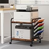 EasyCom Large Printer Stand with File Holder Organizer, Adjustable Height Shelf with Wheels, Rolling Printer Cart with Storage for Printer Scanner Fax Home Office Use Rustic Brown
