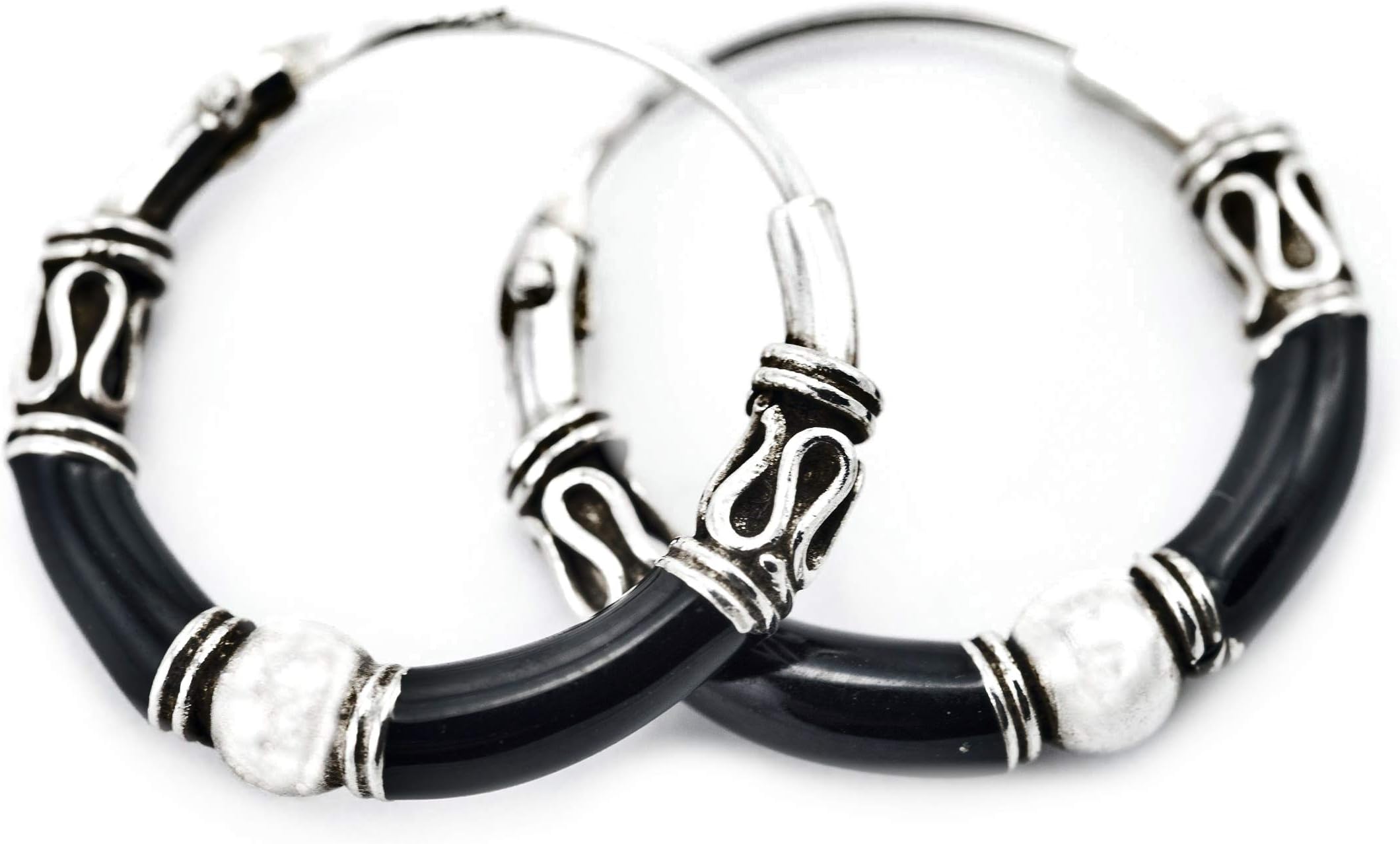 WindalfAsgard Vintage Viking Hoop Earrings, Diameter 1.5 cm, Black with Ball Boho Gothic Earrings Antique 925 Sterling Silver
