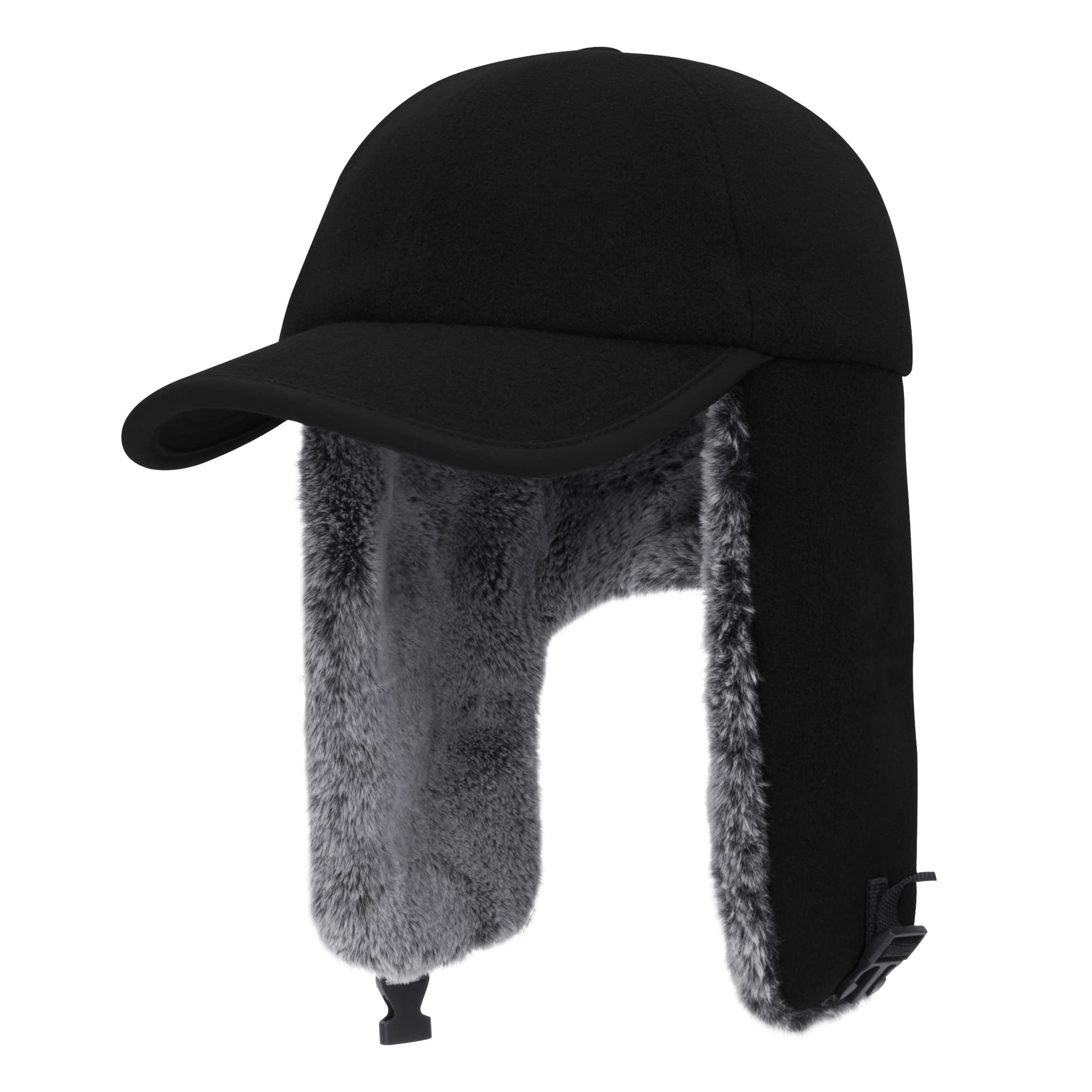 PivotWing Trapper Baseball Hat with Earflap. Wool Outer, Faux Fur Lining.