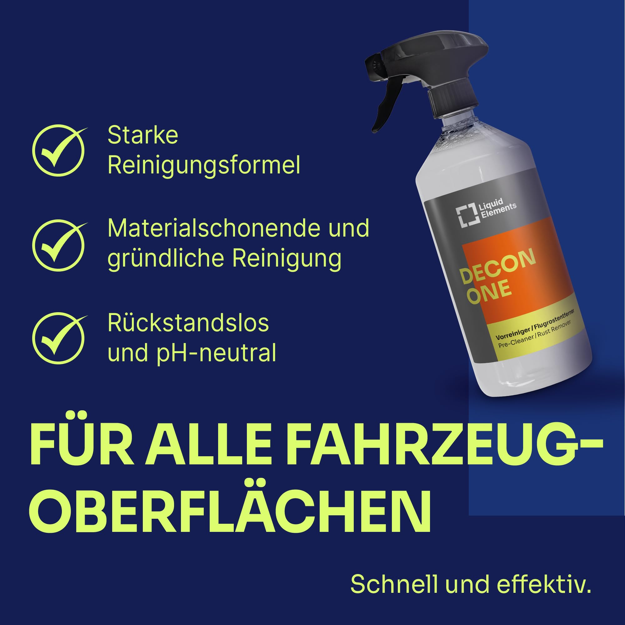 Liquid Elements Decon One Set 3-tlg., 1L + Waschhandschuh & Tuch, Teer | Flugrostentferner Auto, Vorreiniger, materialschonend & pH-neutral, entfernt Öl, Flugrost & Schlamm