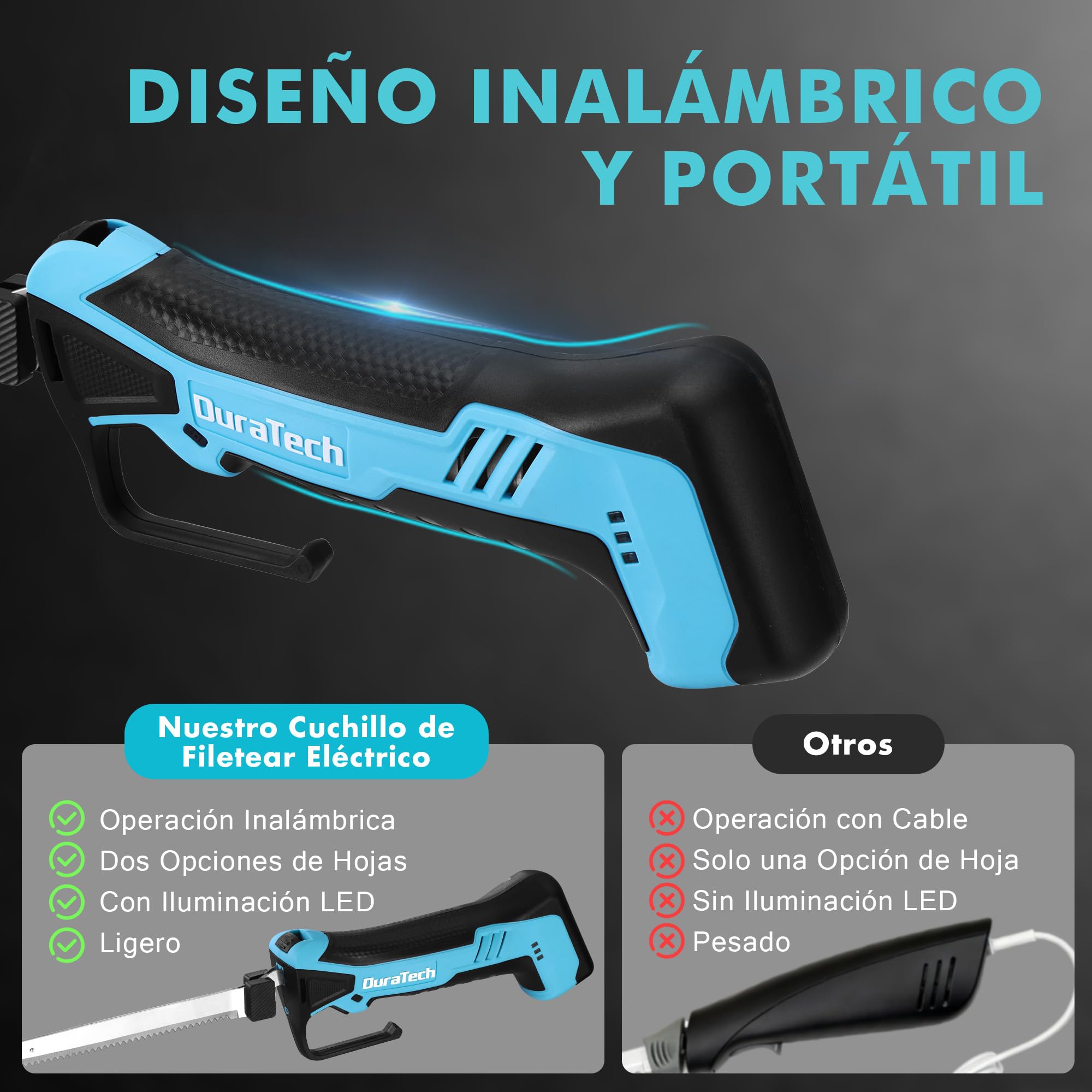DURATECH 12V Coltello Elettrico da Cucina Senza Fili, Coltello Sfilettare Pesce con Lame da 20cm e 25cm, Batteria Integrata 2000mAh, Type-C, Blocco di Sicurezza,Ideali per Pescatori, Chef