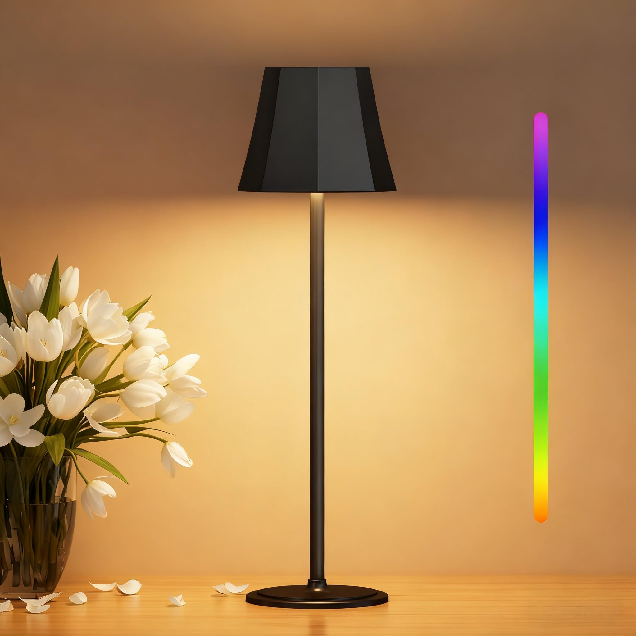 Suright Lámpara de Mesa Sin Cable con 3 Temperaturas de Color+RGB, Lámpara de Noche Recargable Brillo Ajustable, 2 Alturas Ajustables, IP54 Impermeable para Dormitorio, Sala, Restaurante, Camping