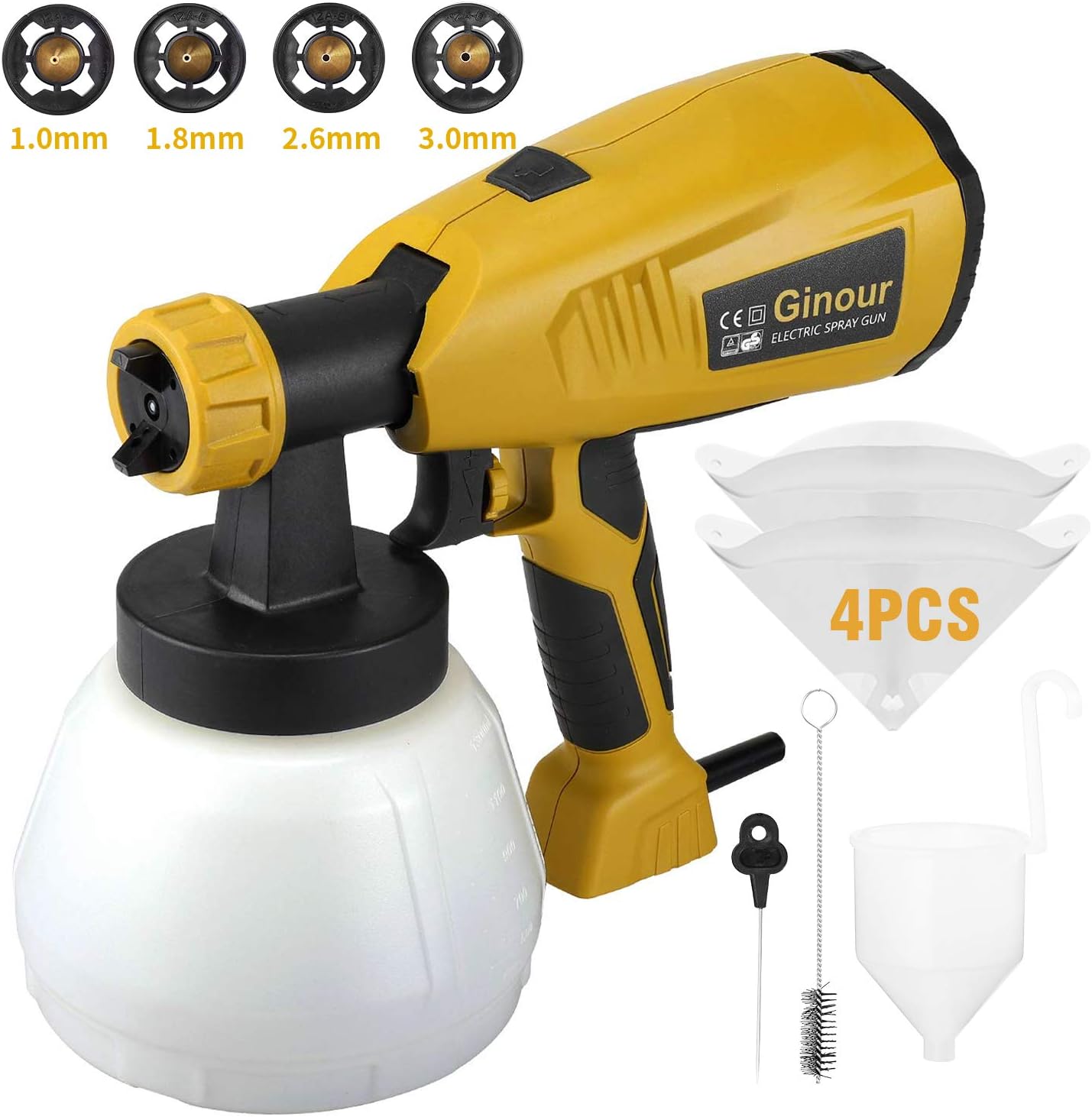Paint Sprayer, GINOUR 1300ml HVLP Electric Spray Gun with 4 Copper Nozzles, 4 Filter Papers, 3 Spray Patterns, 800ml/min, Flow Control and Perfect for for Fence, Cabinet, Home Painting