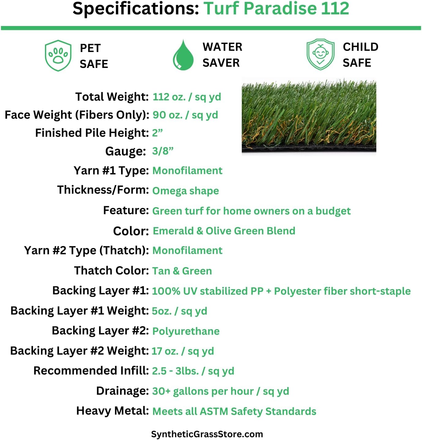 Realistic Artificial Turf Roll - Turf Paradise 112 - Use for Lawn, Patio, Camping - 15x61 FT