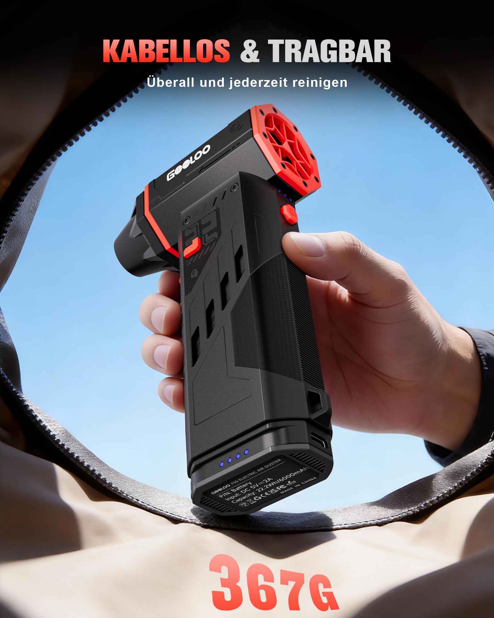 GOOLOO F5S Air Duster, 180000RPM Hochleistungs-Staubgebläse | 3-stufig einstellbar, bürstenloser Motor für starken Luftstrom, tragbar mit 4 Düsen für PC, Tastatur, Auto und Haushalt