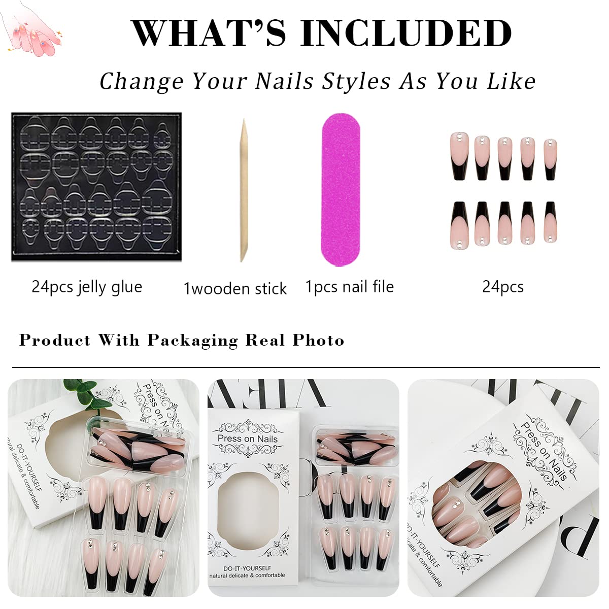 Uñas postizas largas a presión, estilo ataúd, francés, cobertura completa, bailarina, punk, uñas postizas acrílicas con diamantes de imitación para mujeres y niñas, 24 unidades