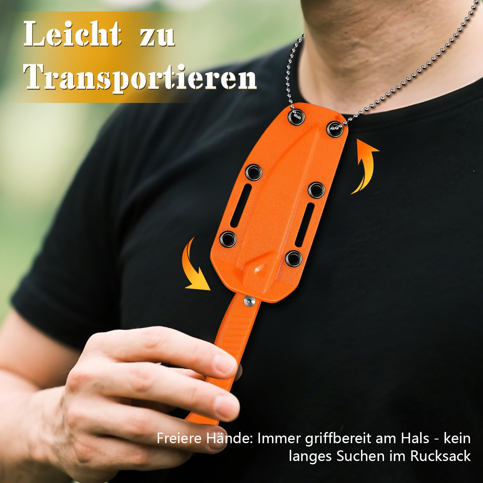 Neck Knife Outdoor Messer, D2-Edelstahl Survival Feststehendes Messer Halskette, mit Kydex Scheide Jagdmesser, G10 Griff Mini EDC Messer,Geschenk für Männer Orange