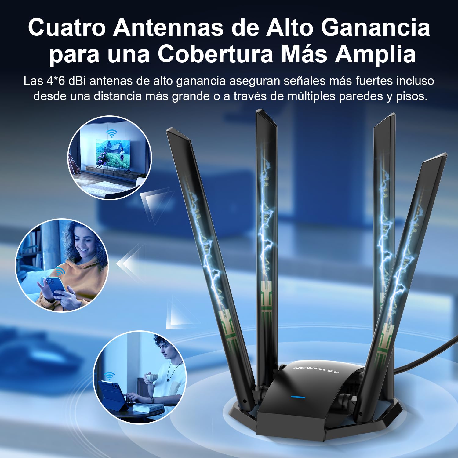 NEWFAST 1300Mbps Adaptador WiFi USB, Banda Dual AC1300 Antena Wi-Fi USB para PC USB 3.0 4x6dBi Externa Ajustable，5Ghz/2.4Ghz, MU-MIMO, Compatible con Win 11/10/8/8.1/7/XP
