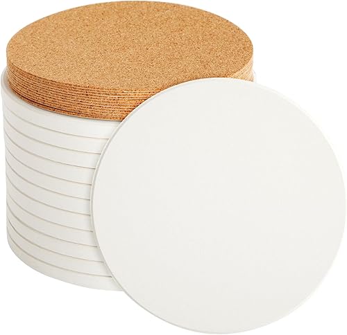 12 azulejos redondos de cerámica sin esmaltar para manualidades con 12 almohadillas de corcho para posavasos de bricolaje, vertido acrílico, tinta