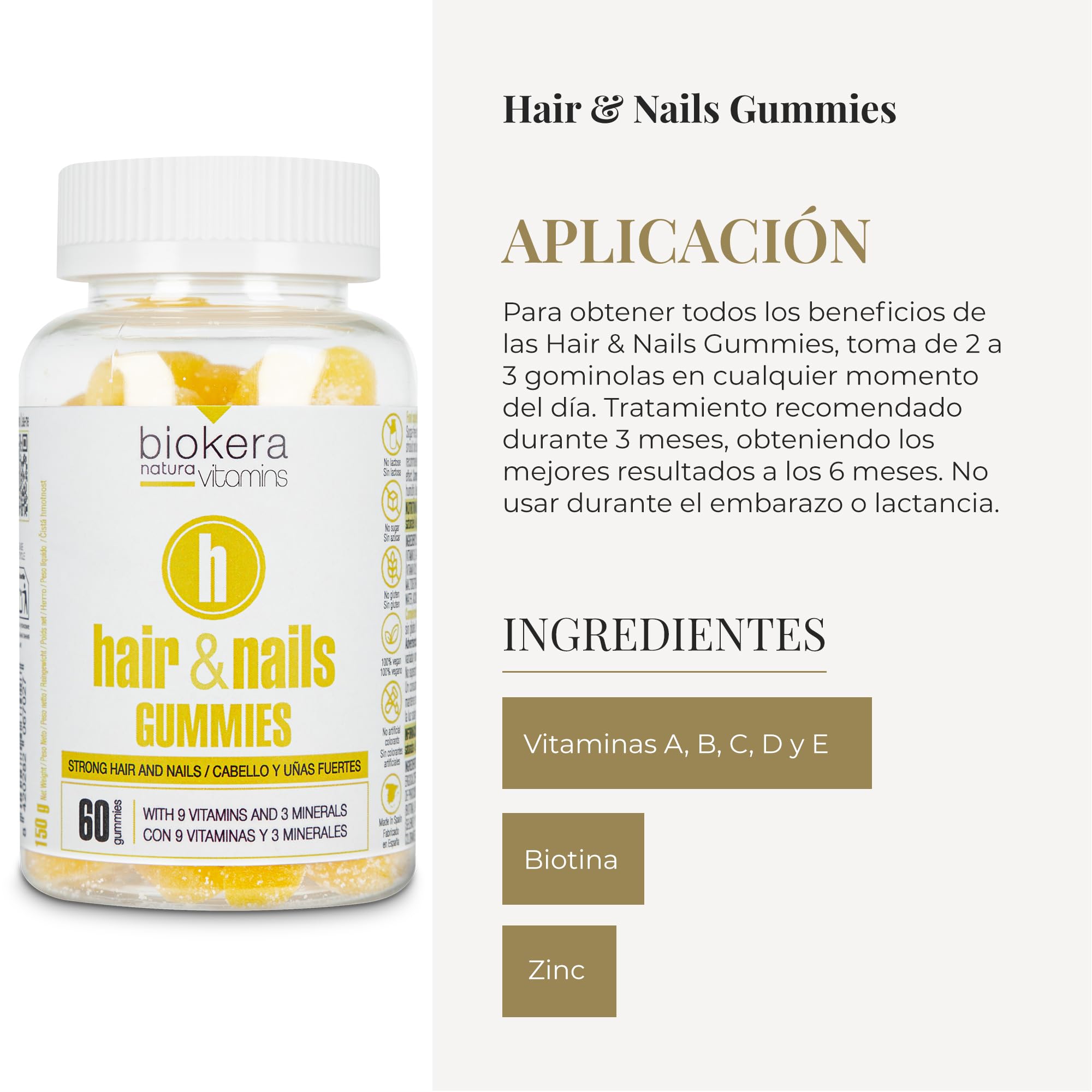 SALERM - Hair & Nails Gummies - Bote de 60 Gominolas - Biokera Natura Vitamins - Gominolas para el Pelo y Uñas - con 9 Vitaminas y 3 Minerales - Sin Lactosa - Sin Gluten - Sabor Plátano