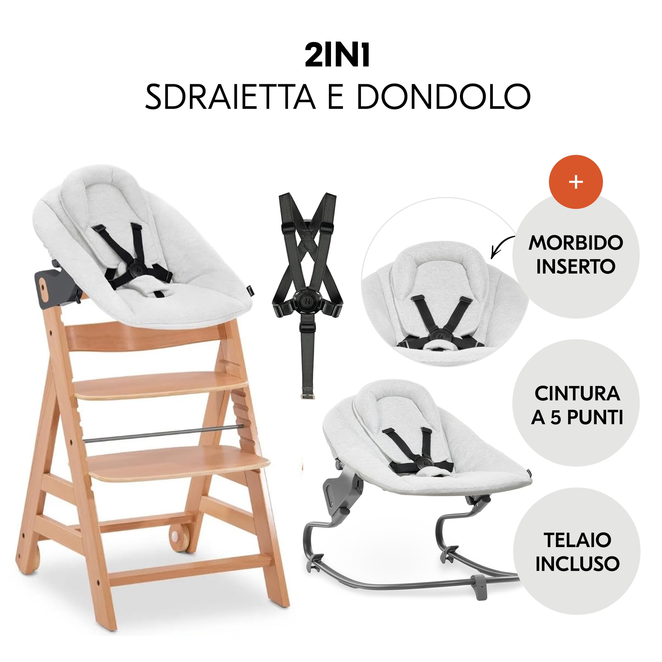 hauck Seggiolone Beta+ Newborn Set Premium da 0 Mesi - Seggiolone Legno Evolutivo, con Sdraietta Neonati (Dondolo Neonati), Cuscino Seduta, Vassoio - (Sdraietta: Grigio chiaro, Naturale)