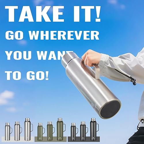 Miniatura 2 de Termo aislado con vacío de 1000ml33.8oz con taza Botellas de café de acero inoxidable para bebidas calientes y frías. (Negro, con asa, 1000ml)