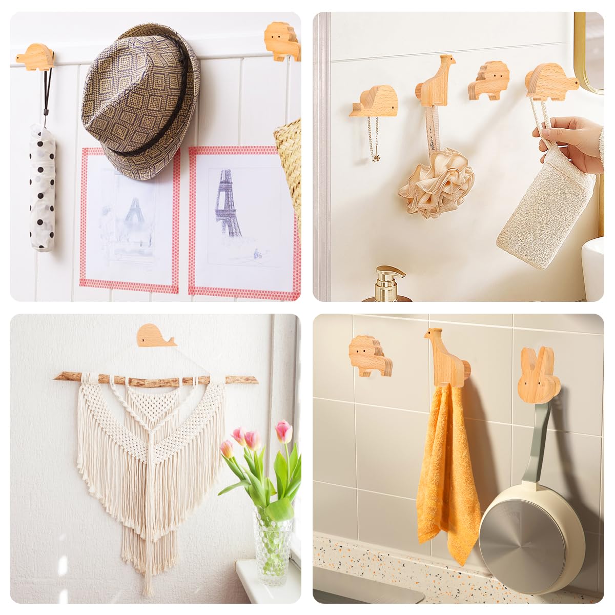 Ganci Appendiabiti Per Bambini Con Animali - 6 Pezzi In Legno, Autoadesivi O Con Viti, Senza Foratura