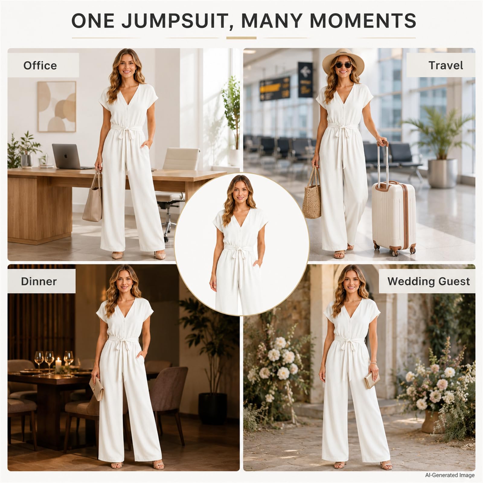 Combinaison pour femme avec col en V, manches courtes, jambes larges
