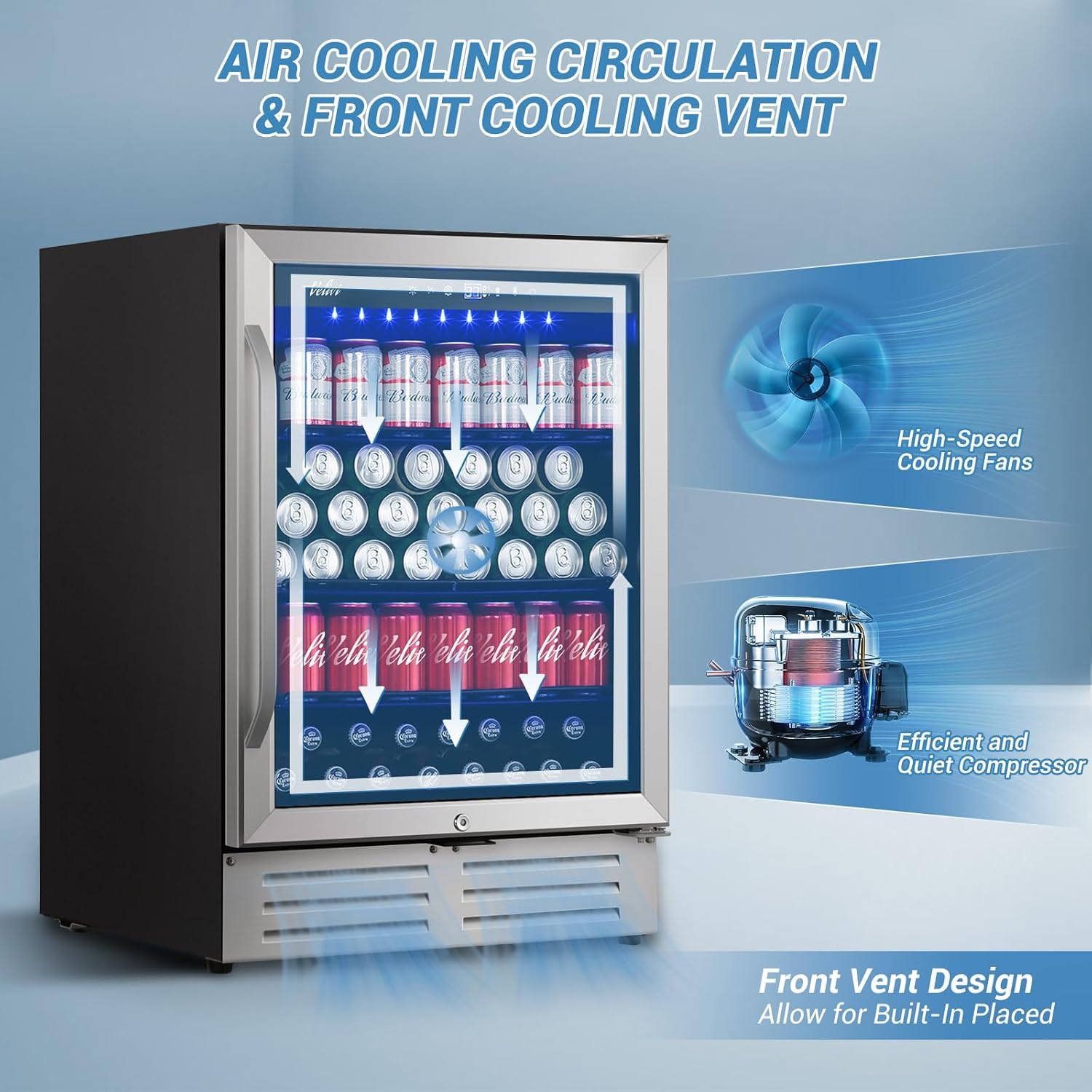 Velivi 24 Inch Beverage Refrigerator, Under Counter Beverage Cooler, 24" Space Built-In Beer And Drink Fridge With Glass Door For Soda, Water, And Milk on Fridge.com - View 5