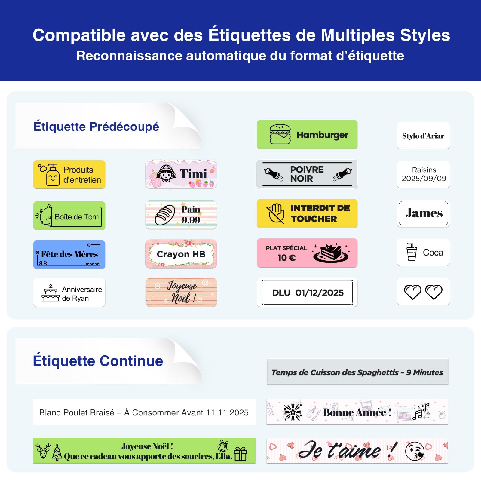 SUPVAN E12 Étiqueteuse livrée avec 4 Rubans,compatible avec Clavier et App, Écran Rétroéclairé, Marges Réduites, Recharge USB-C, sans Encre, idéal pour la Maison, la Cuisine, le Bureau, l'École, Blanc