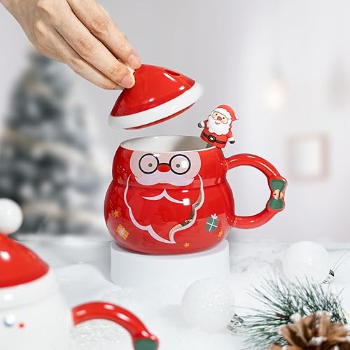 Miniatura 4 de Juego de 2 tazas de café con diseño de árbol de Navidad color rojo, tazas de café de cerámica duraderas con tapa y cuchara de 16 onzas, el mejor