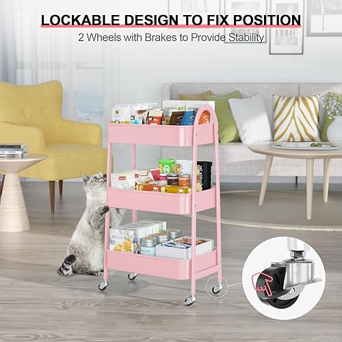 Miniatura 4 de EAGMAK Carrito con ruedas de 3 niveles, carrito de almacenamiento de metal con asa y ruedas con cerradura, organizador de almacenamiento