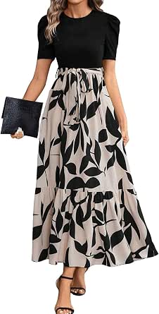 Short Sleeve Work Floral Dress for Women Vintage Casual Flowy Empire