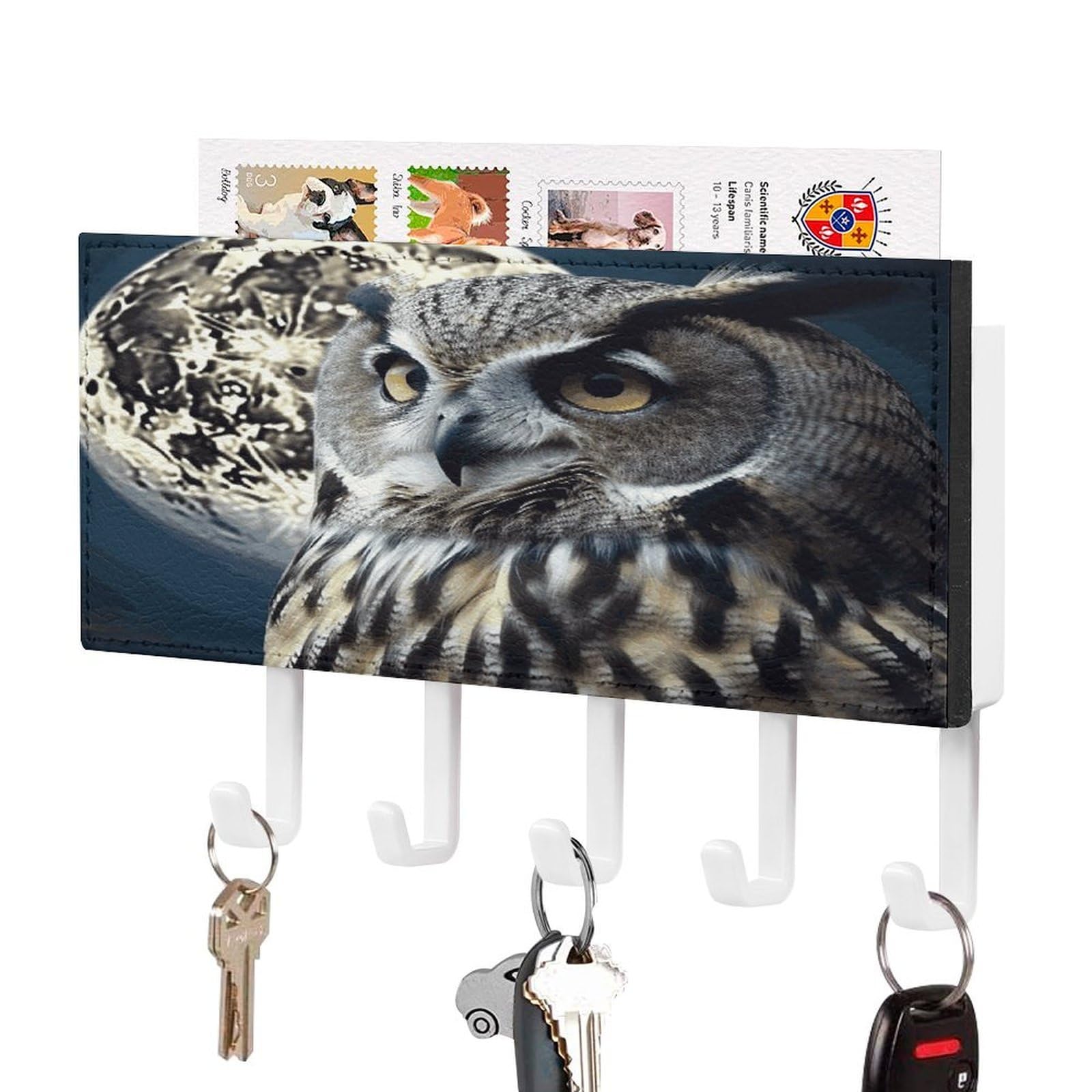 Fekiloot White-Style Owl And Moon Key Holder Wall Mount Key And Mail Holder Key Hanger With 5 Hooks Decorative Pu Key Rack Hanging Key Hooks For Wall Living Room Kitchen Bathroom Hallway