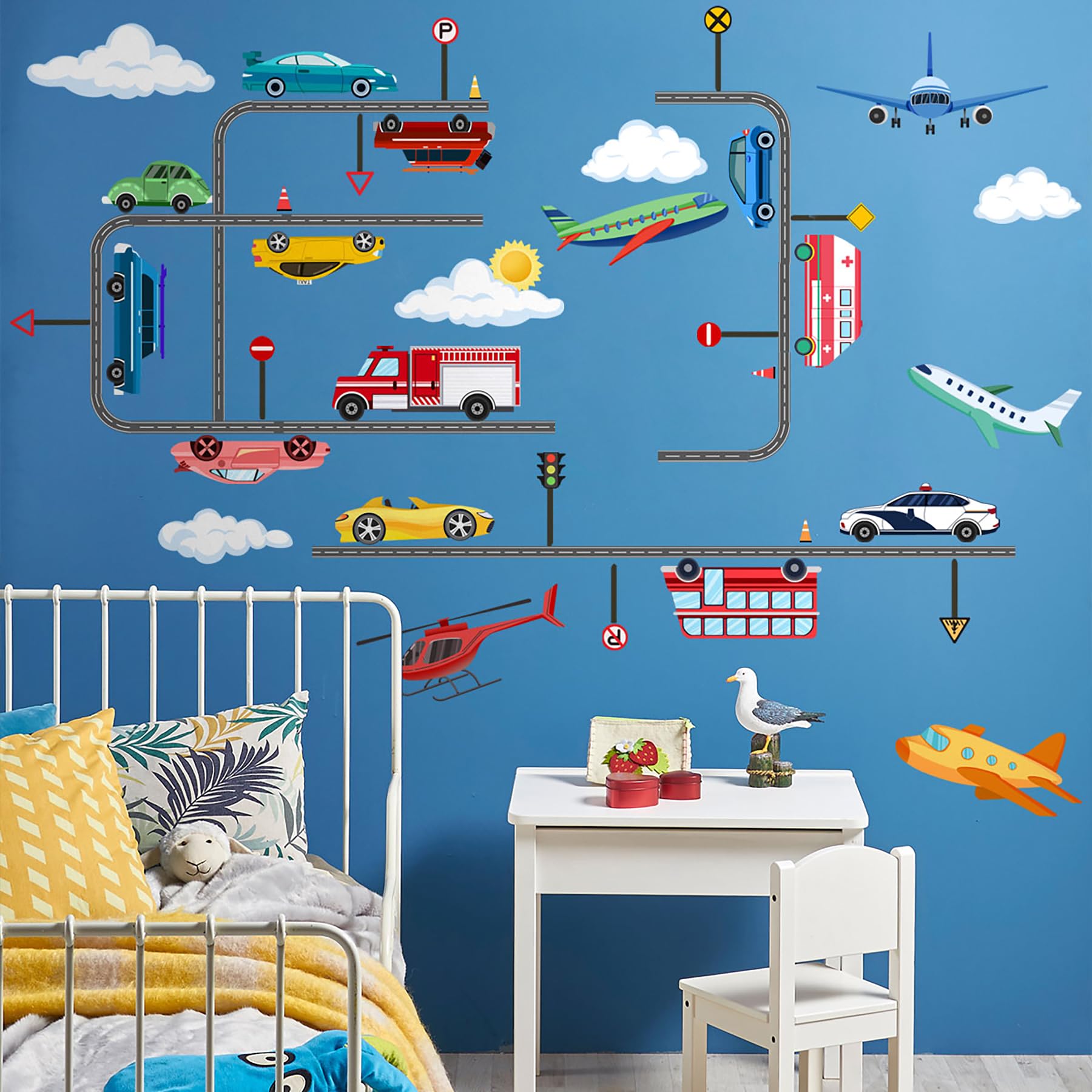 Airplane Car Road Wall Decal,Truck Helicopter Car Wall Sticker Decoration，Removable Car Road Airplane Art Wall Decals，Self-Adhesive Cartoon