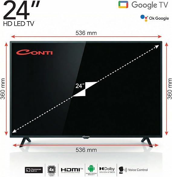 Conti 24” HD Google TV (CT24GT300H), Smart TV, Wi-Fi, Bluetooth 5.0, Dahili Uydu Alıcı, Chromecast Built-in, Dolby Audio, 2x HDMI, 2x USB [Enerji Sınıfı G]