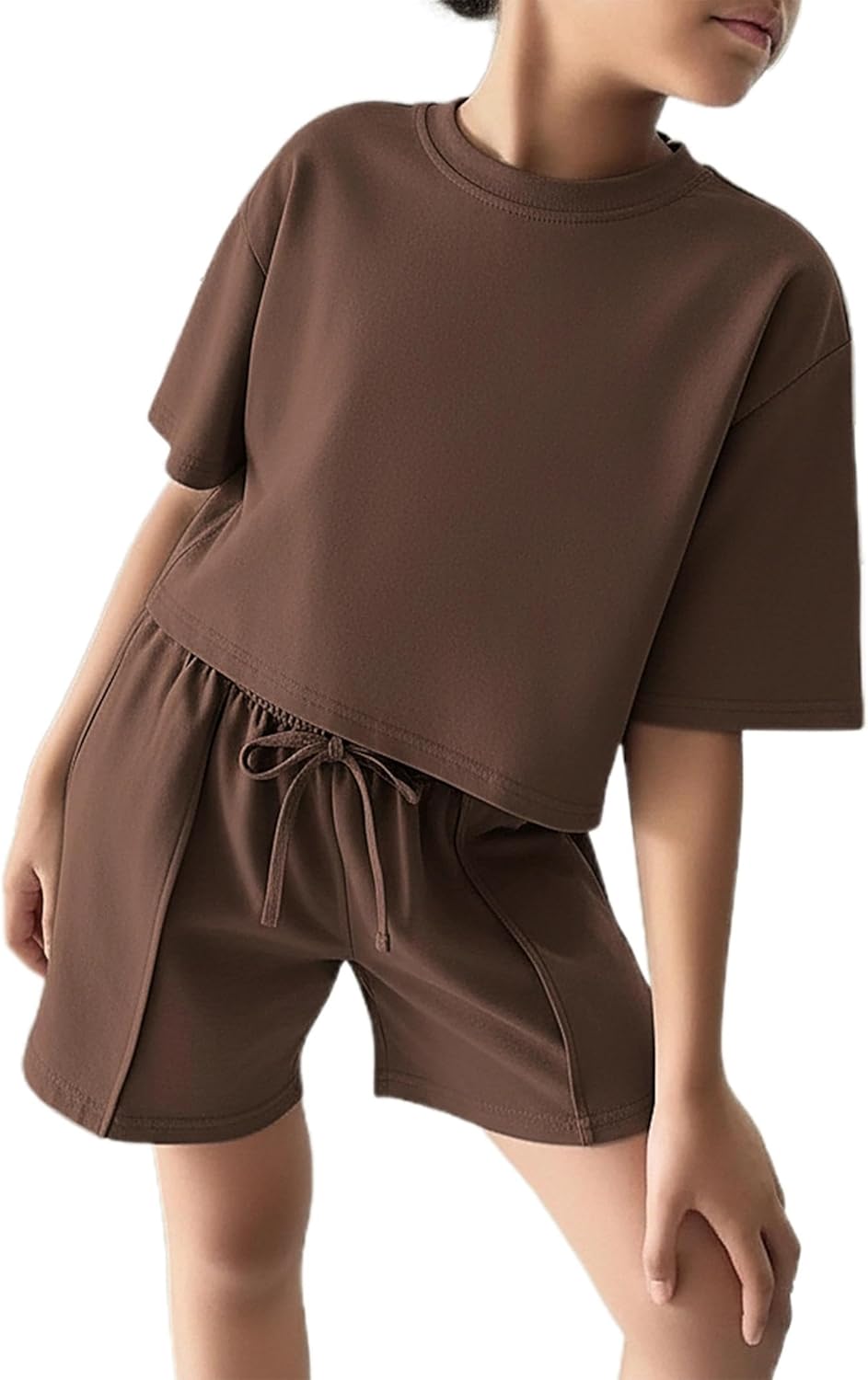 Girls 2 Piece Summer Outfits Short Sleeve Crop Top and Drawstring Shorts Set