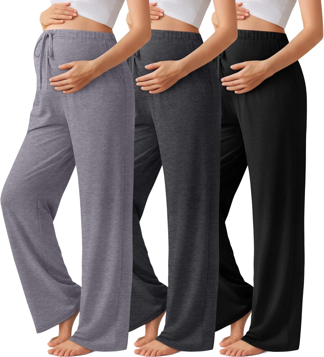 3 Pack Maternity Pants for Women Over The Belly Lounge Work Pregnancy Pants Drawing Wide Leg Trousers with Pockets