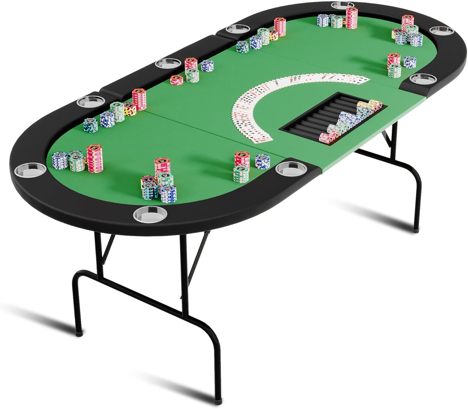 Folding Poker Table, 10 Player Foldable Texas Holdem Poker Table with Collapsible Legs, Poker Chips Tray, Padded Rails & Cup Holders, Blackjack Casino Game Leisure Table for Home, Parties, Club