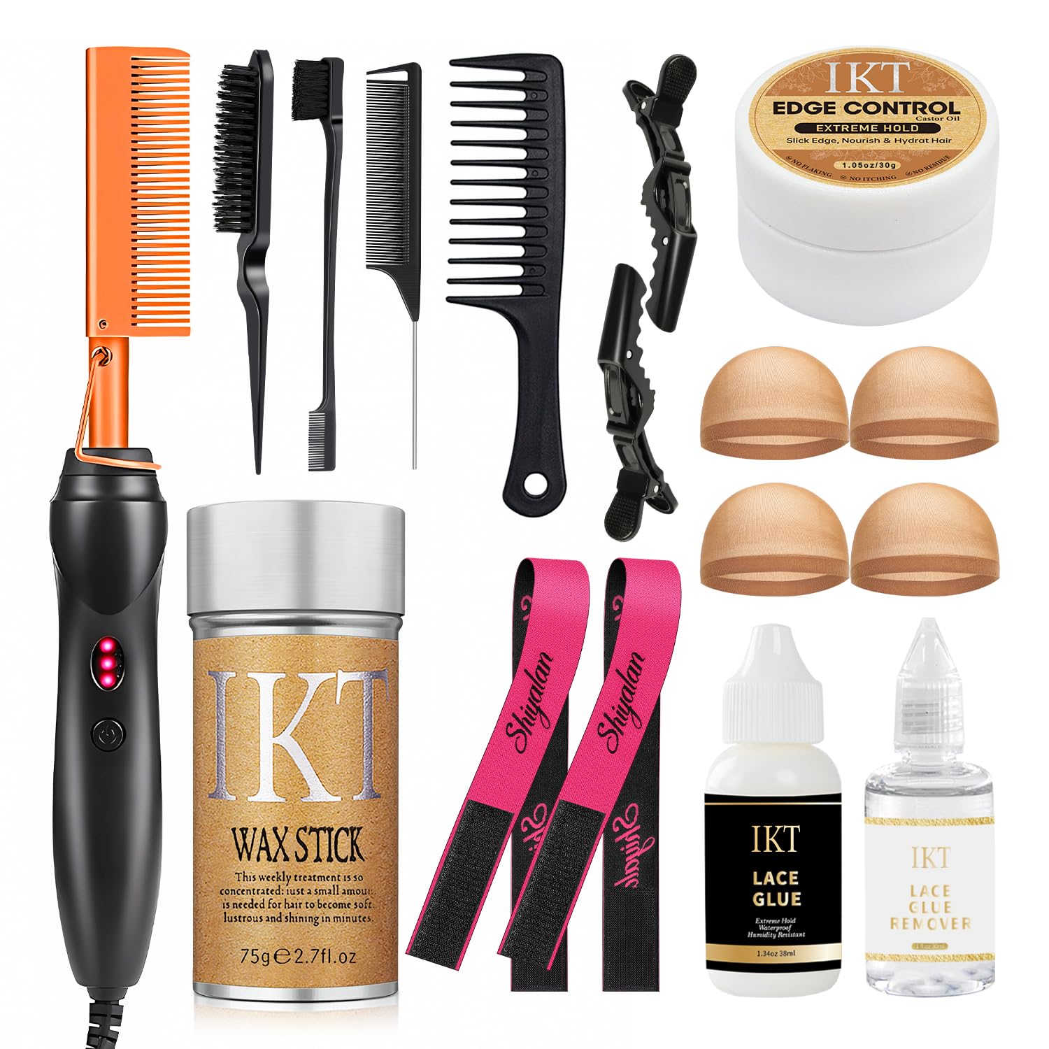 Electric Hair Straightener Comb Curling Iron for Natural Black Hair Wigs Pressing Combs with Wig Glue, Rat Tail Comb ＆Salon Clips